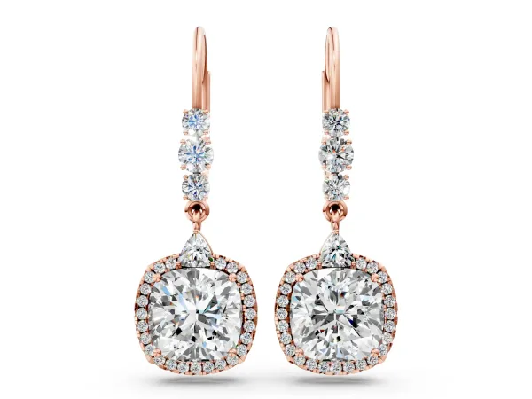 Cushion Diamond Drop Earrings with Trillion Diamond Accents and Round Halo Rose gold