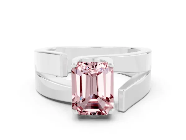 Modern Tension Set Emerald Cut Morganite Solitaire Wide Band Ring Platinum