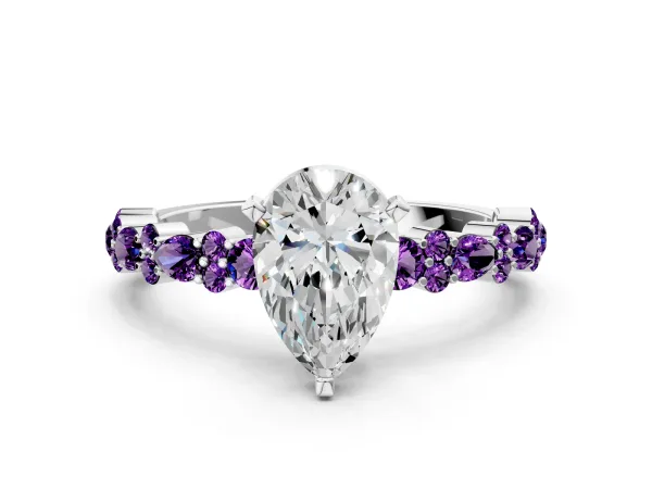 Pear Cut Diamond Side Stone Solitaire Ring with Round Amethyst and Four-Prong Setting White gold