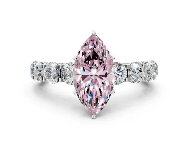 Fancy Pink Marquise Cut Diamond Side Stone Engagement Ring with Four-Prong Setting Silver