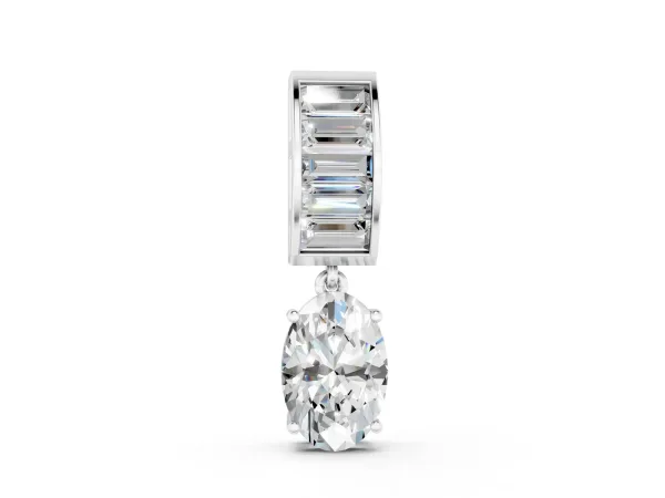 Oval and Baguette Diamond Drop Pendant Silver