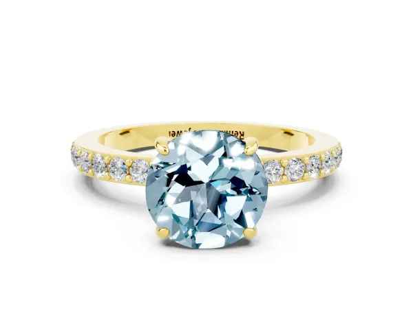 Round Cut Aquamarine Solitaire Engagement Ring with Pavé Band and Four-Prong Setting Yellow gold