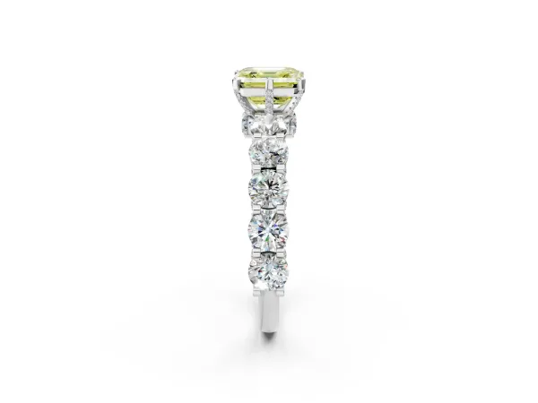 Fancy Yellow Asscher Cut Diamond Side Stone Engagement Ring with Four-Prong Setting Silver