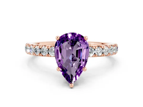 Pear Cut Amethyst Pave Band Solitaire Ring with Round and Prong Setting Rose gold