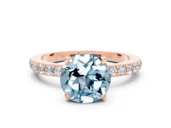 Round Cut Aquamarine Solitaire Engagement Ring with Pavé Band and Four-Prong Setting Rose gold