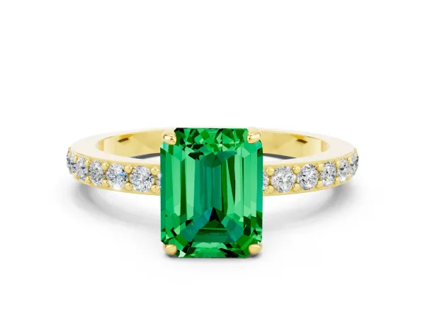 Emerald Cut Emerald Solitaire Engagement Ring with Pavé Band and Four-Prong Setting Yellow gold