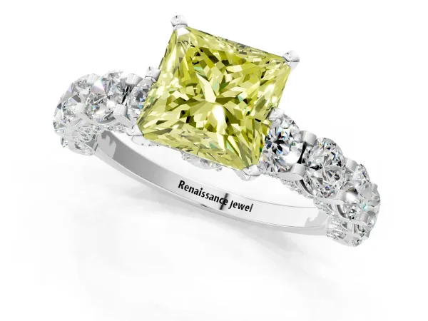 Fancy Yellow Princess Cut Diamond Side Stone Engagement Ring with Four-Prong Setting Silver