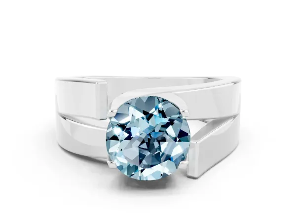 Modern Tension Set Round Cut Aquamarine Solitaire Wide Band Ring Platinum