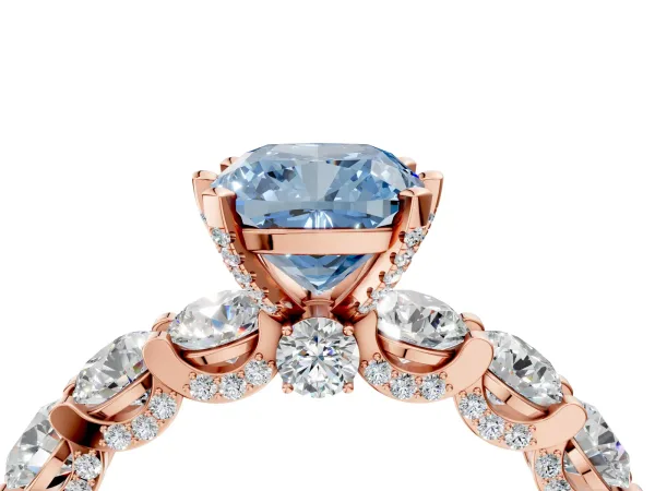 Fancy Blue Cushion Cut Diamond Side Stone Engagement Ring with Four-Prong Setting Rose gold