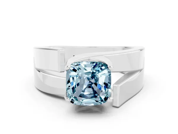 Modern Tension Set Cushion Cut Aquamarine Solitaire Wide Band Ring Platinum