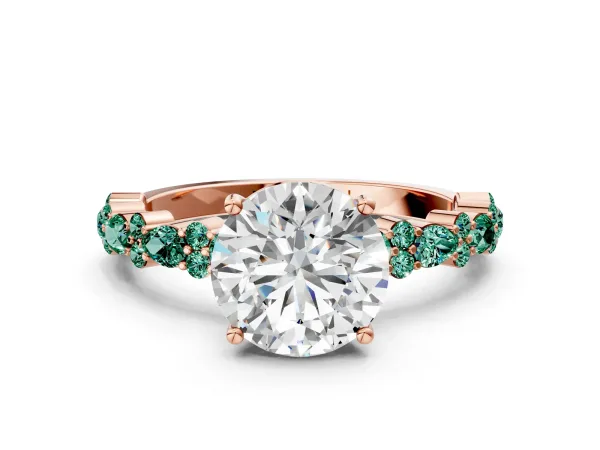 Round Cut Diamond Side Stone Solitaire Ring with Round Green Sapphire and Four-Prong Setting Rose gold