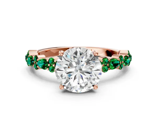 Round Cut Diamond Side Stone Solitaire Ring with Round Emerald and Four-Prong Setting Rose gold