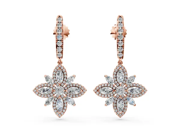 Marquise and Round Diamond Floral Huggie Drop Earrings Rose gold